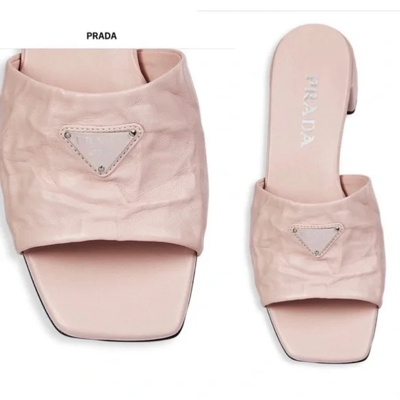 Prada Crinkled Leather Block-Heel Slip on Logo Mules Sandals size 8 Pale Pink - Picture 9 of 12